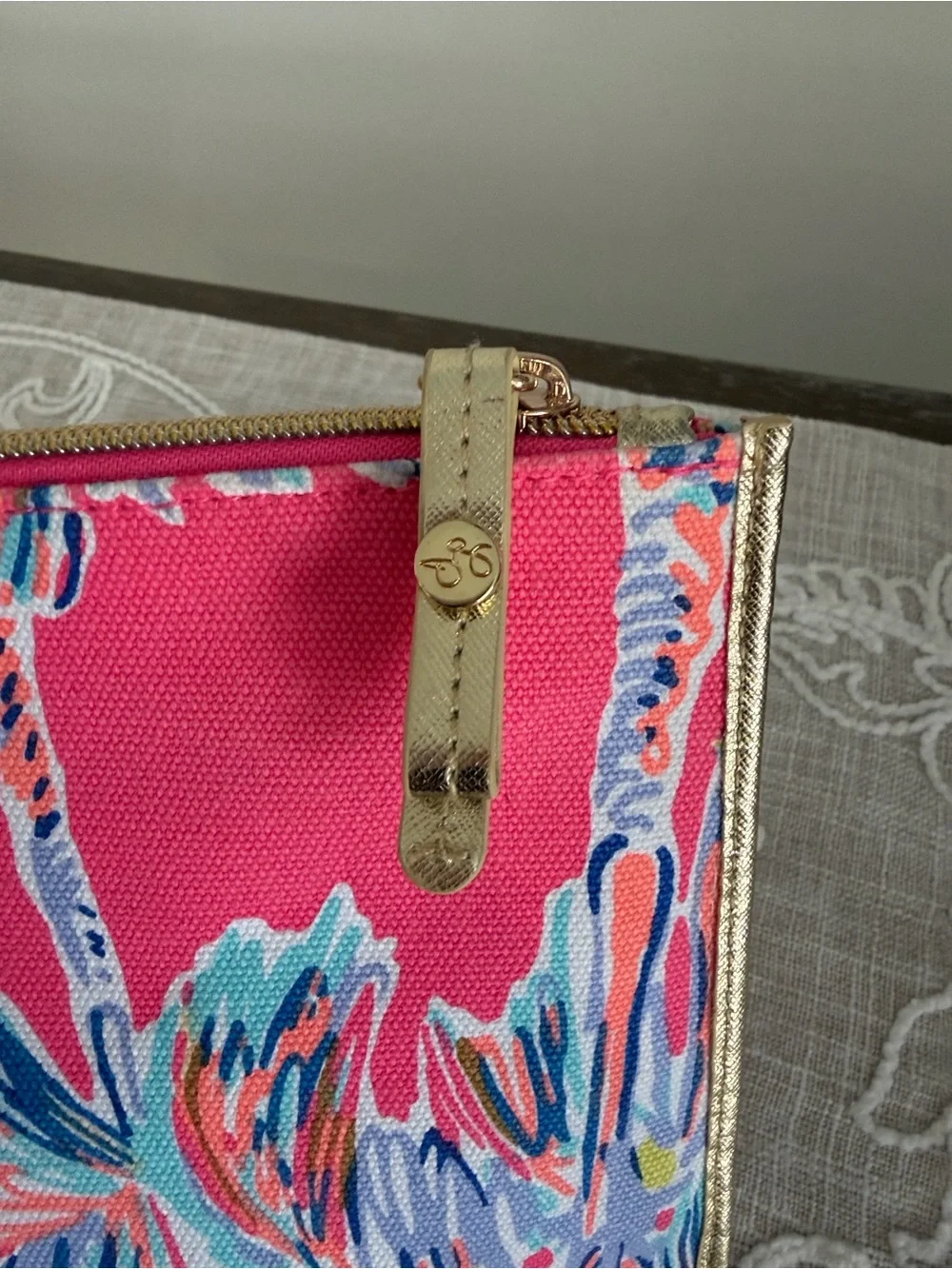 Lilly Pulitzer Pink Tropical Palm Pattern Top Zip Case with Gold Tone Trim